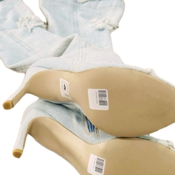 👢💙 SECRET Blue Stretch Denim Thigh-High Boots | Size 8 Peep Toe‎ Stiletto Heel - Picture 5 of 6